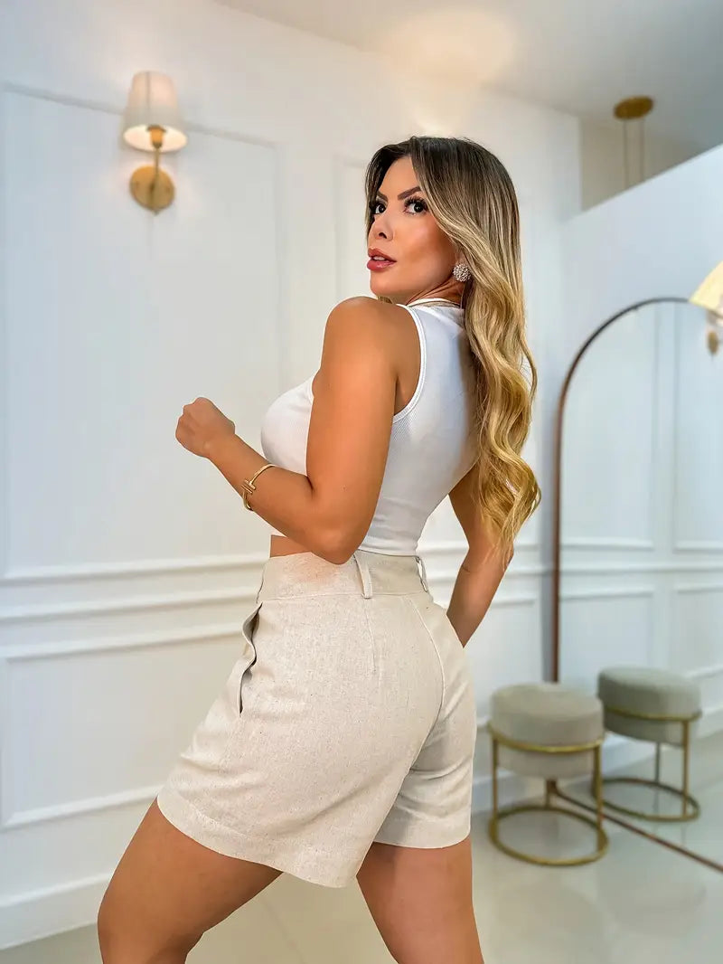 Annora - Pantaloncini Casuale a Vita Alta Con Bottoni