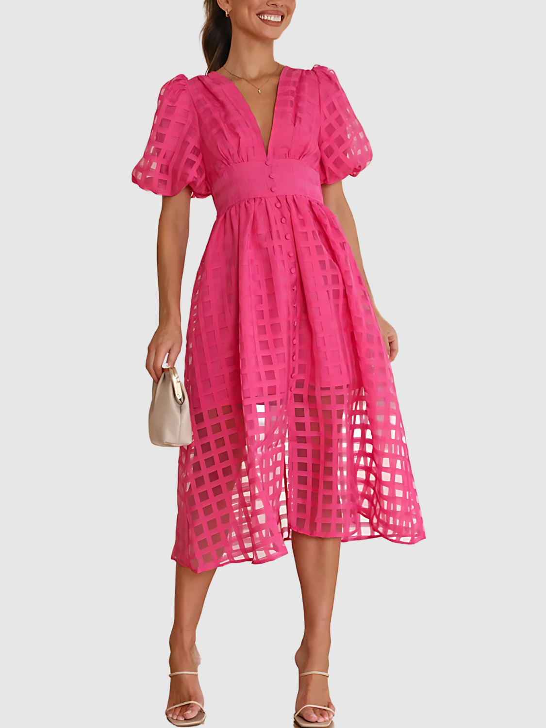 Viviana™ | Abito midi a quadri con maniche a sbuffo