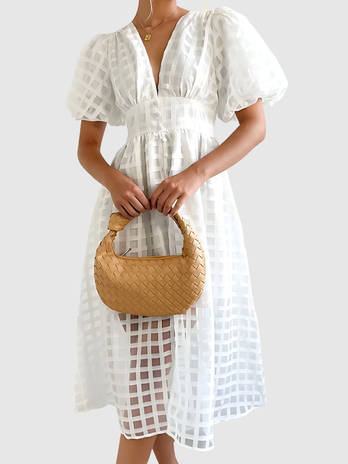 Viviana™ | Abito midi a quadri con maniche a sbuffo