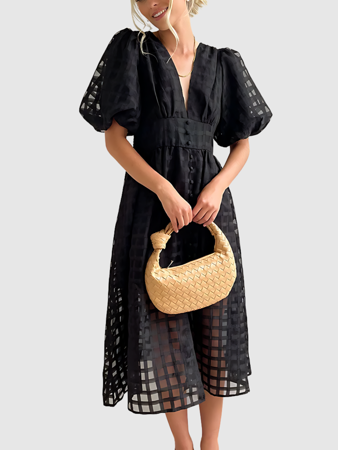 Viviana™ | Abito midi a quadri con maniche a sbuffo