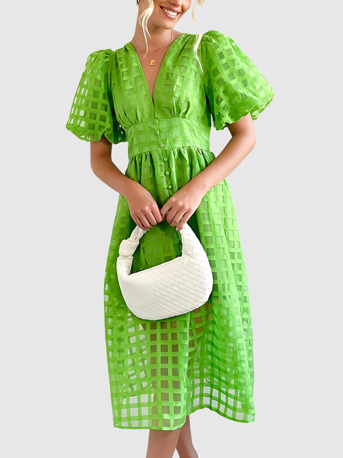 Viviana™ | Abito midi a quadri con maniche a sbuffo