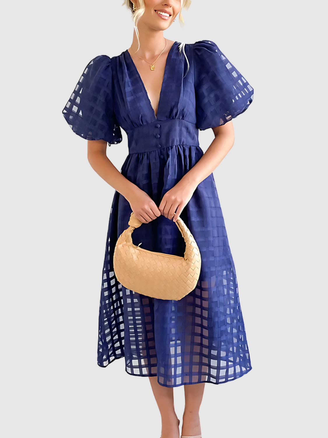 Viviana™ | Abito midi a quadri con maniche a sbuffo