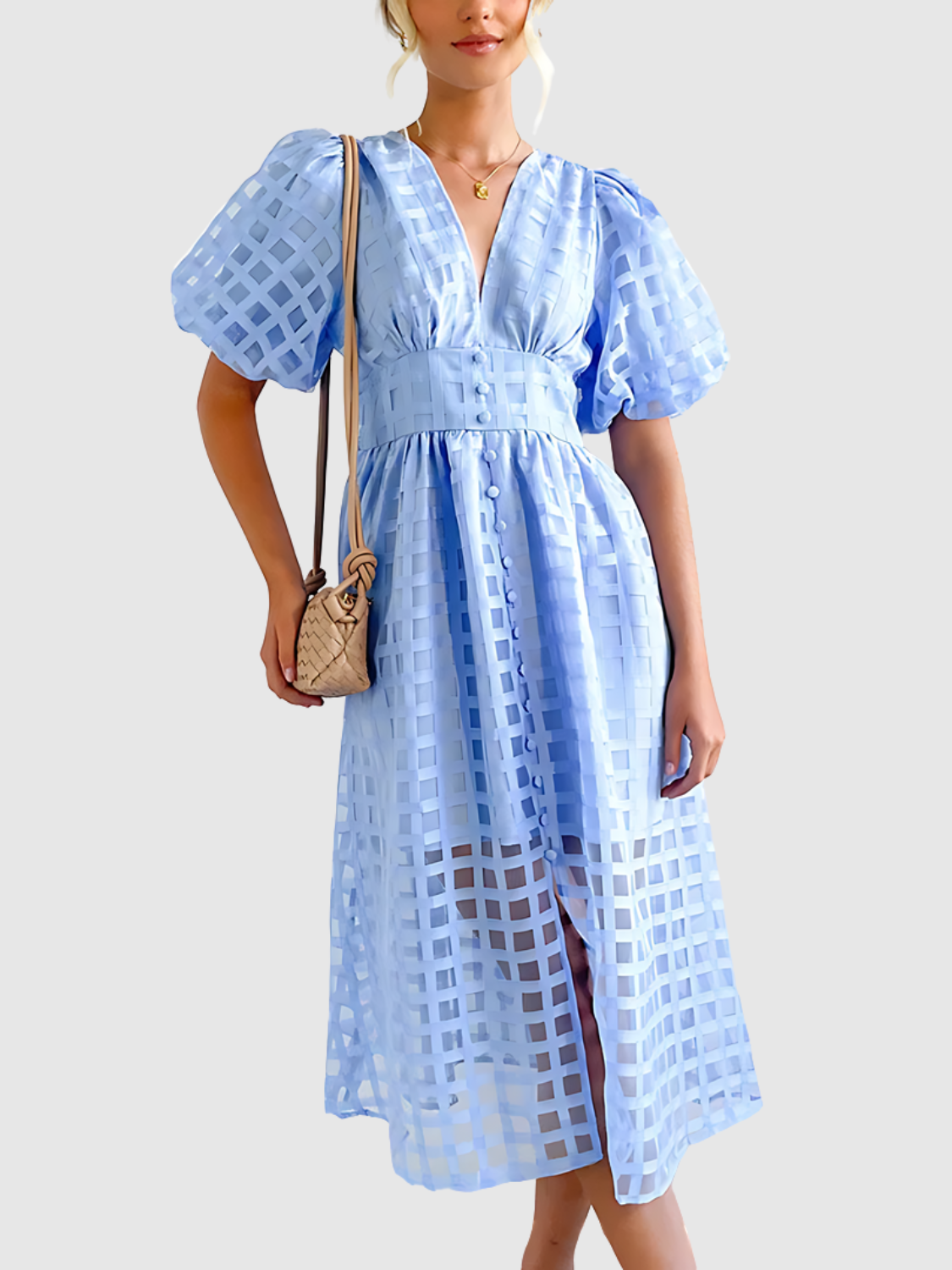 Viviana™ | Abito midi a quadri con maniche a sbuffo