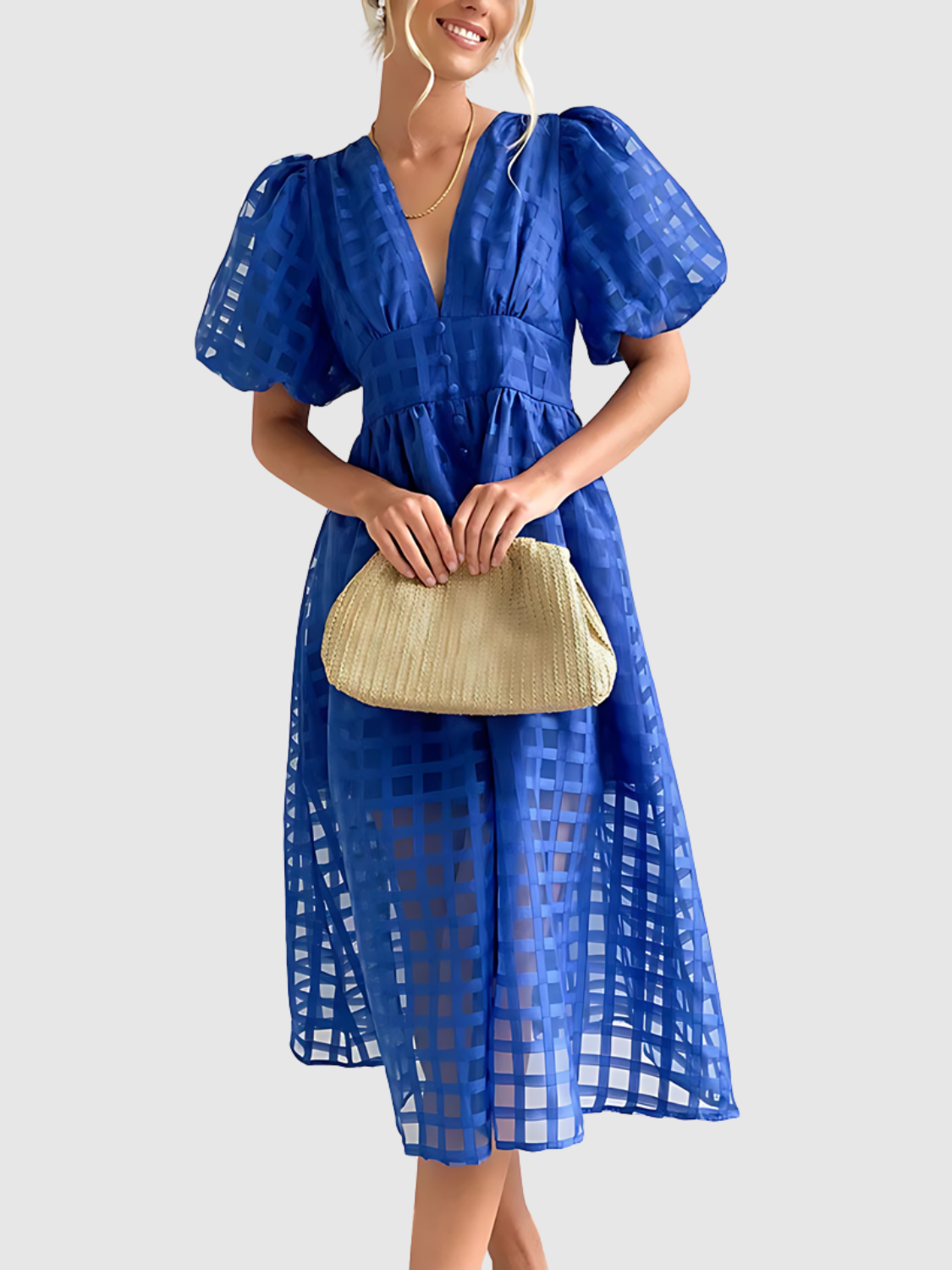 Viviana™ | Abito midi a quadri con maniche a sbuffo