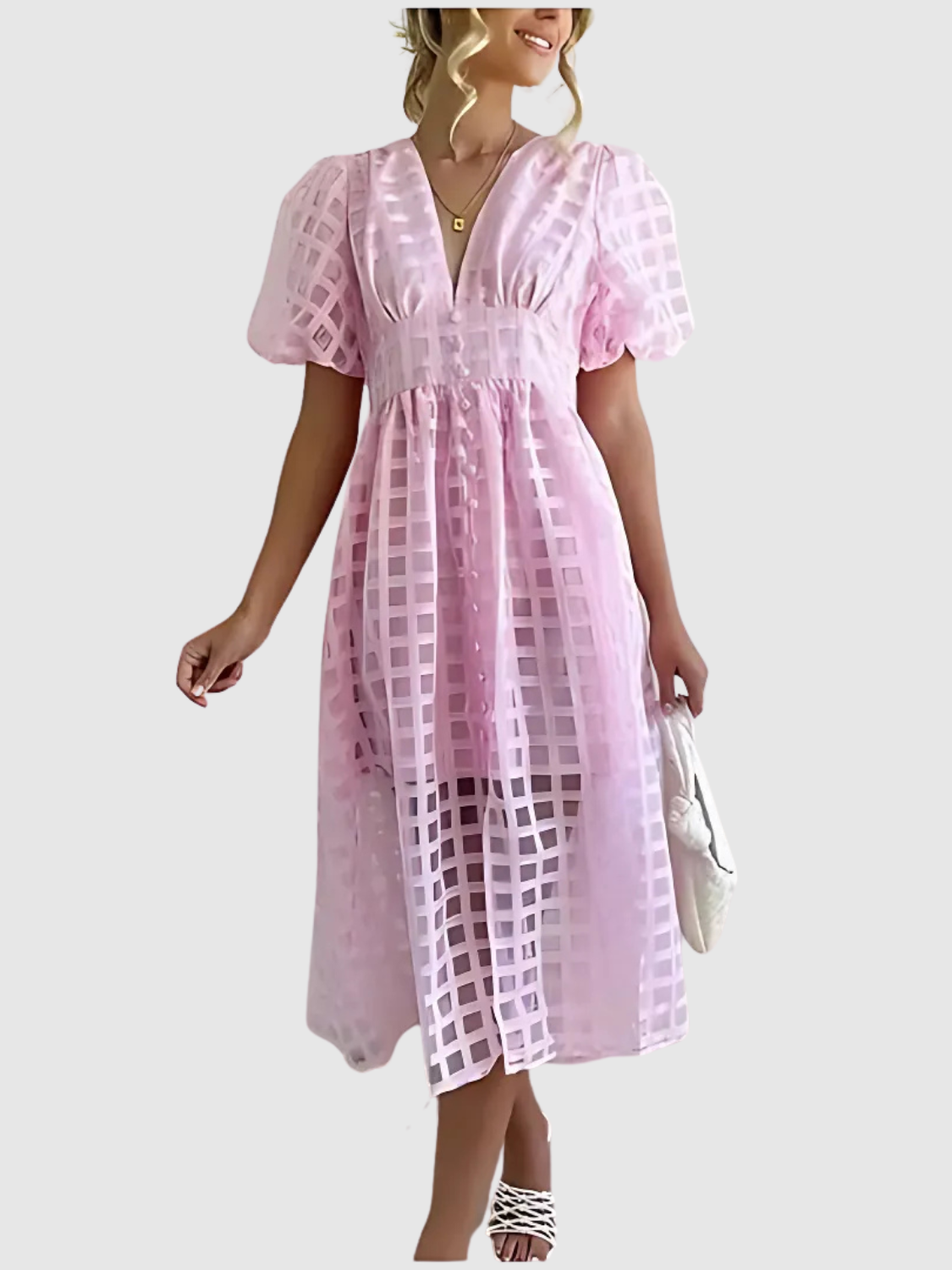 Viviana™ | Abito midi a quadri con maniche a sbuffo