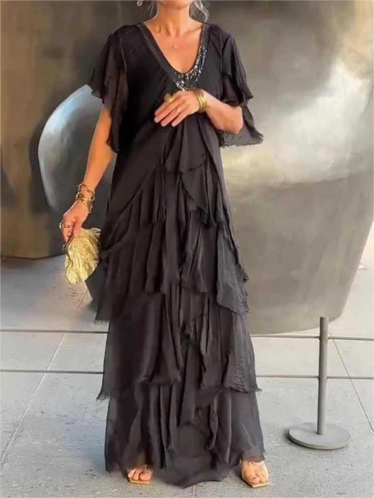 SAVANE | Vestito Lungo Fluido con Scollo a V Elegante