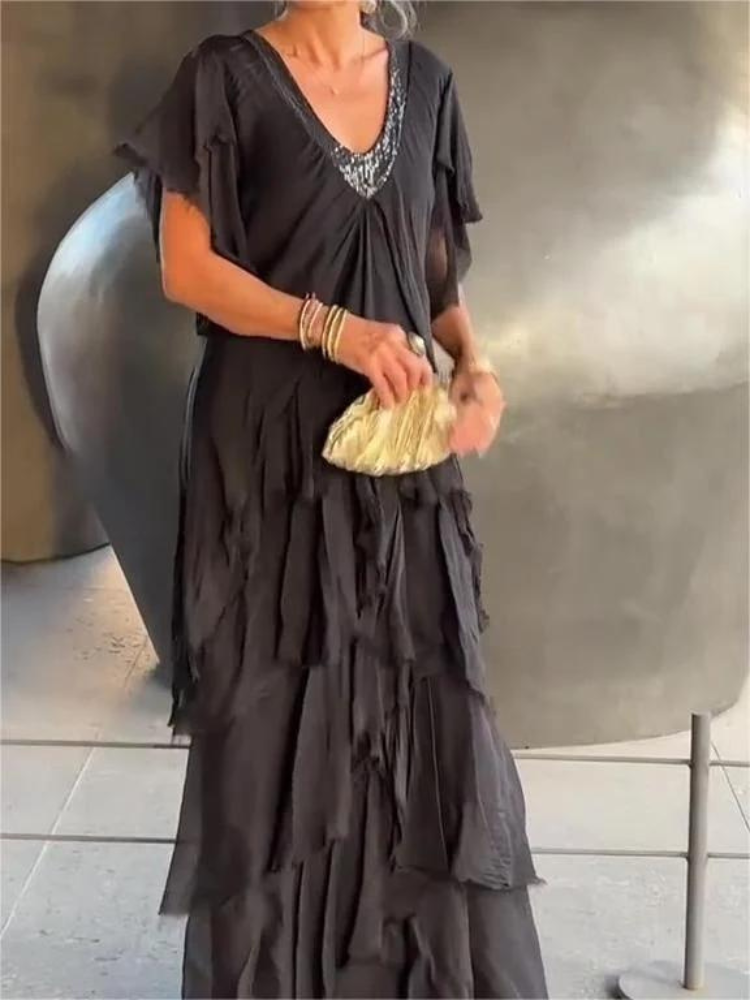 SAVANE | Vestito Lungo Fluido con Scollo a V Elegante