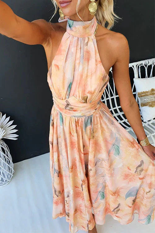 Sari™ | Abito lungo con scollo all’americana e stampa acquerello