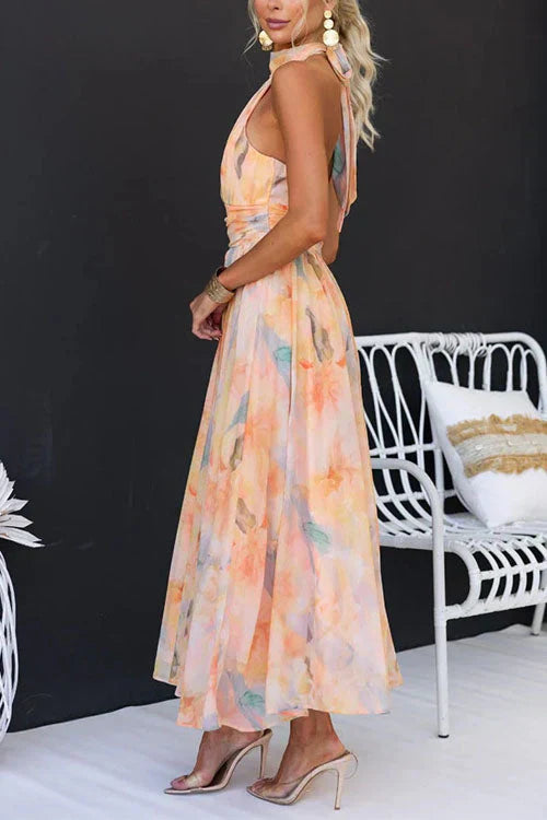 Sari™ | Abito lungo con scollo all’americana e stampa acquerello