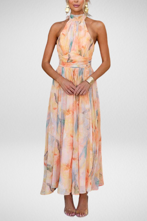 Sari™ | Abito lungo con scollo all’americana e stampa acquerello