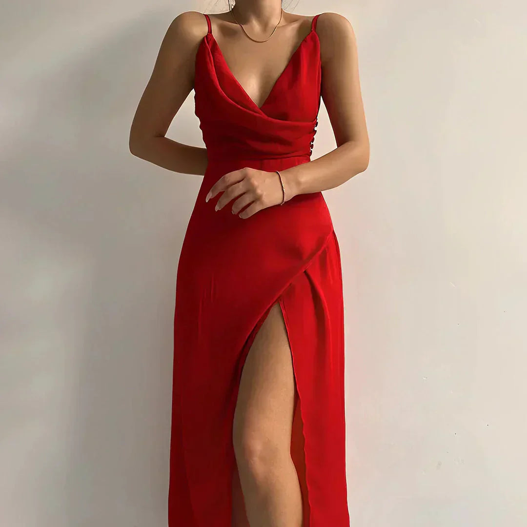 Mila™ | Abito in Satin con Scollatura a Cascata e Spacco